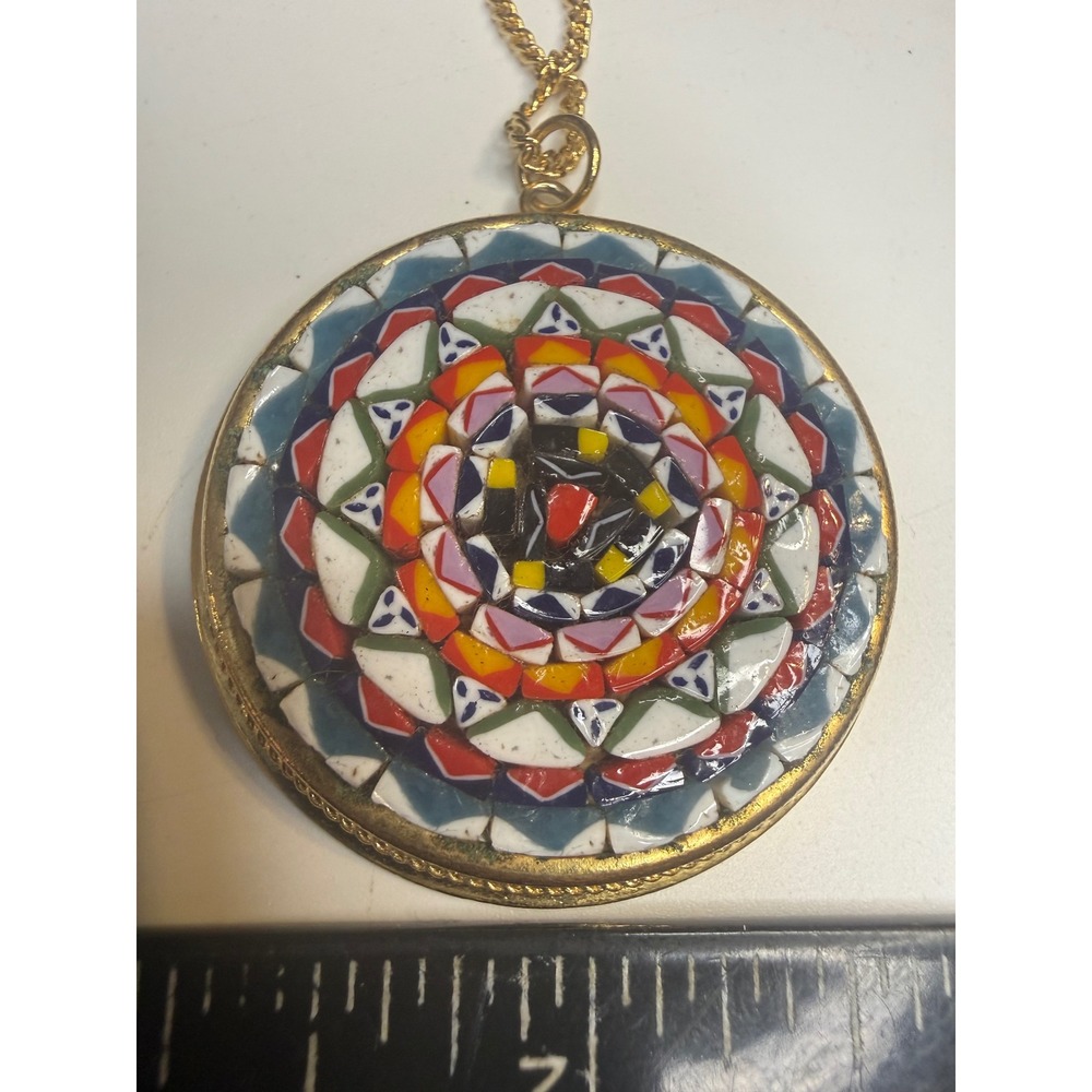 Vintage Italian Micro‎ Mosaic Mandala Pendant Necklace Gold Tone Made in Italy